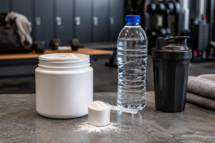 Creatina en polvo, agua y shaker preparados en un gimnasio
