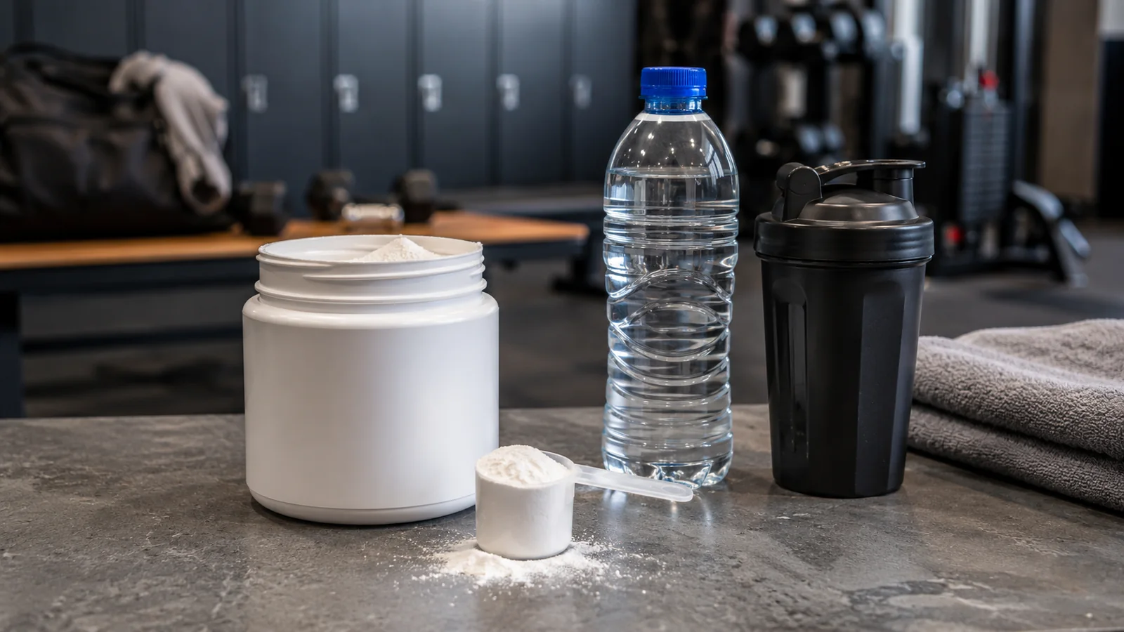 Creatina en polvo, agua y shaker preparados en un gimnasio