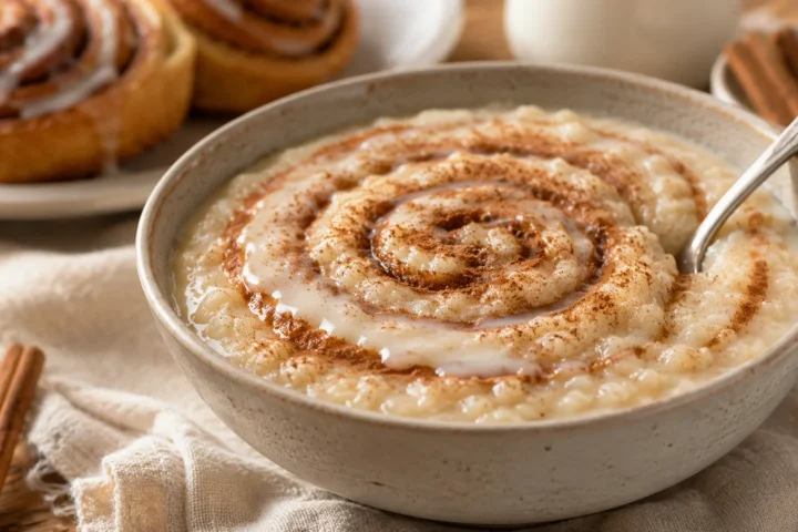 Bol de crema de arroz con canela y cobertura inspirada en un panecillo de canela