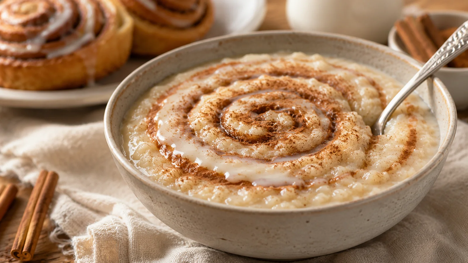 Bol de crema de arroz con canela y cobertura inspirada en un panecillo de canela
