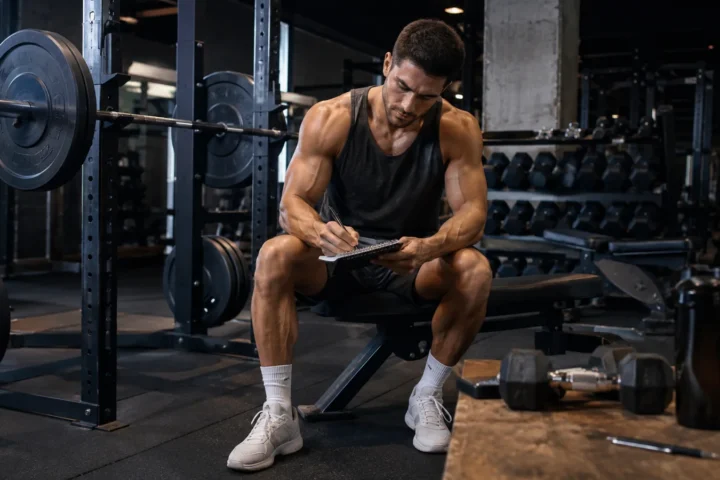 Persona anotando una rutina en un cuaderno dentro de un gimnasio