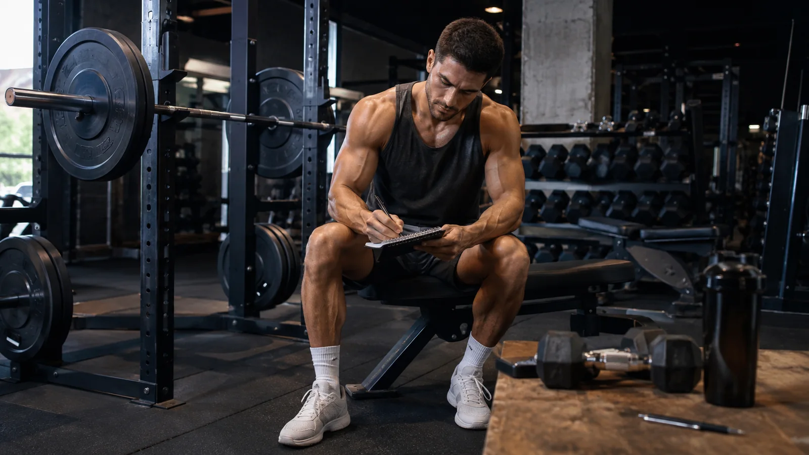 Persona anotando una rutina en un cuaderno dentro de un gimnasio