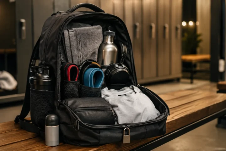 Mochila de gimnasio abierta con toalla, botella, bandas, shaker y accesorios