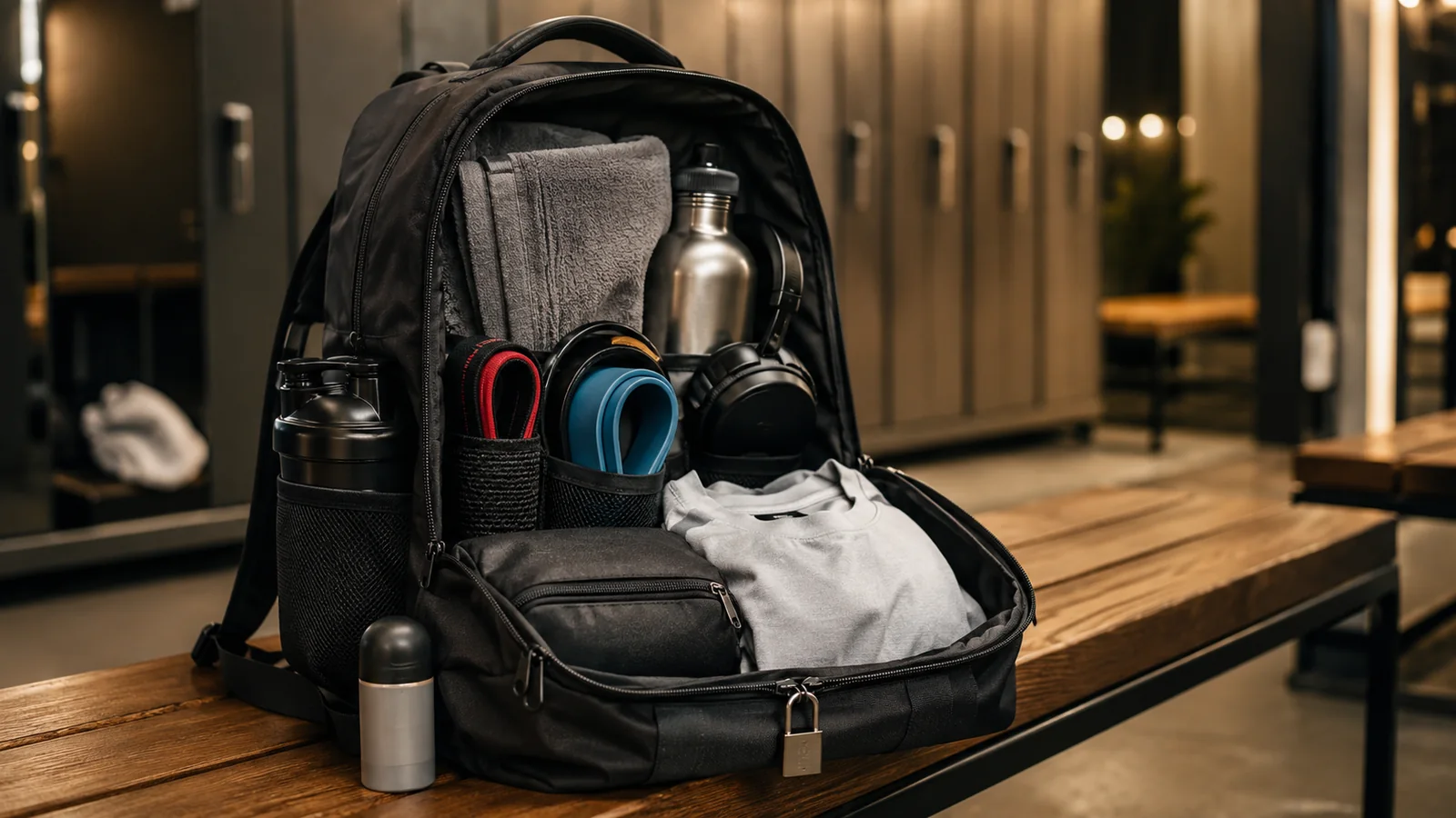 Mochila de gimnasio abierta con toalla, botella, bandas, shaker y accesorios