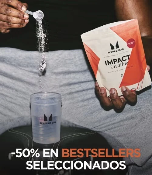 Impact Creatine y shaker de MyProtein en la promoción del 50% en bestsellers seleccionados.