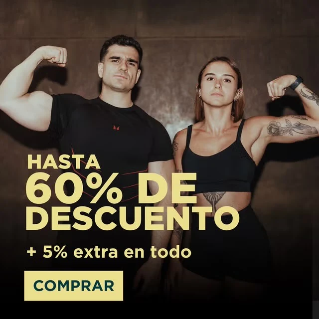 Promoción de MyProtein de hasta el 60% de descuento y 5% extra anunciado en la web.