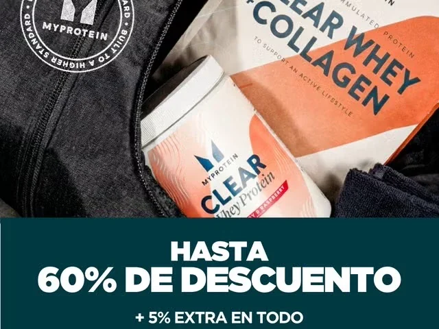 Promoción de MyProtein de hasta el 60% de descuento y 5% extra anunciado en la web.