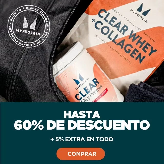 Promoción de MyProtein de hasta el 60% de descuento y 5% extra anunciado en la web.