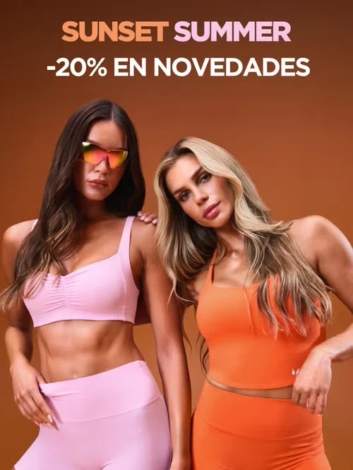 Dos modelos con ropa deportiva rosa y naranja en la campaña Sunset Summer del 20% en novedades.