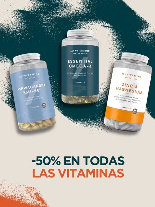 Botes de ashwagandha, omega-3 y zinc con magnesio de MyVitamins en la promoción del 50% en vitaminas.