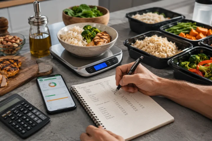 Preparación de comidas, báscula y cuaderno para calcular calorías y macronutrientes