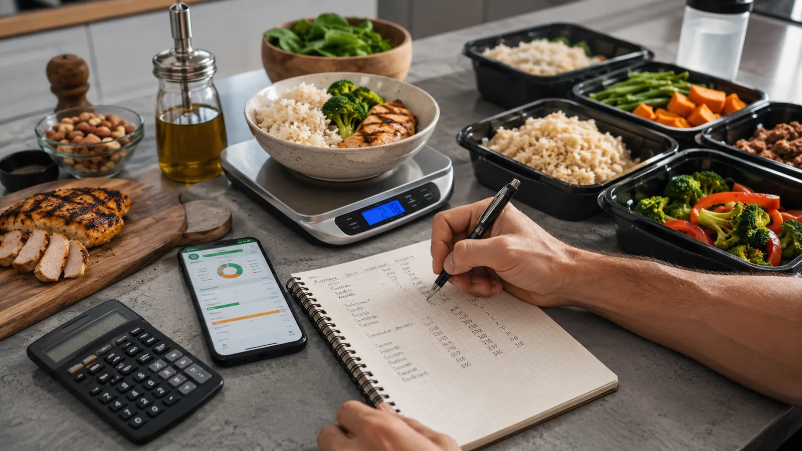 Preparación de comidas, báscula y cuaderno para calcular calorías y macronutrientes