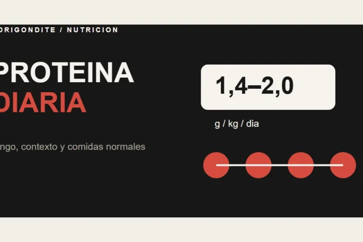 Gráfico editorial sobre proteína diaria, cálculo por peso y reparto en comidas.