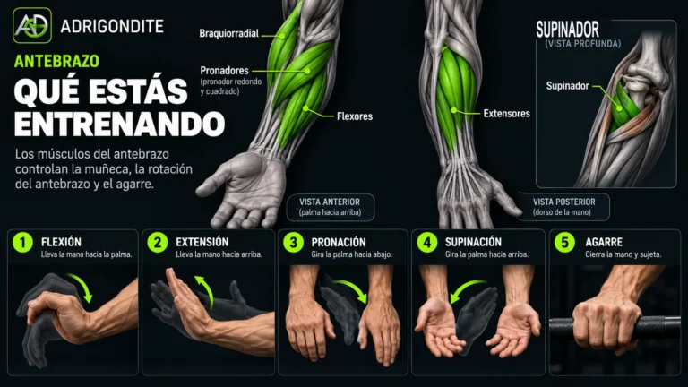 Infografía ADRIGONDITE: anatomía del antebrazo, qué estás entrenando; vista anterior y posterior con flexores, extensores, braquiorradial, pronadores y supinador.